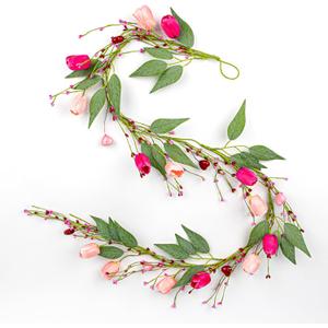 5 FT Valentine Garland Valentines Garlands Valentines Day Garlands Pink Floral Garland with Tuilps Heart Berry for Valentine's Day Indoor Wedding Party Stairs Table Fireplace Mantel