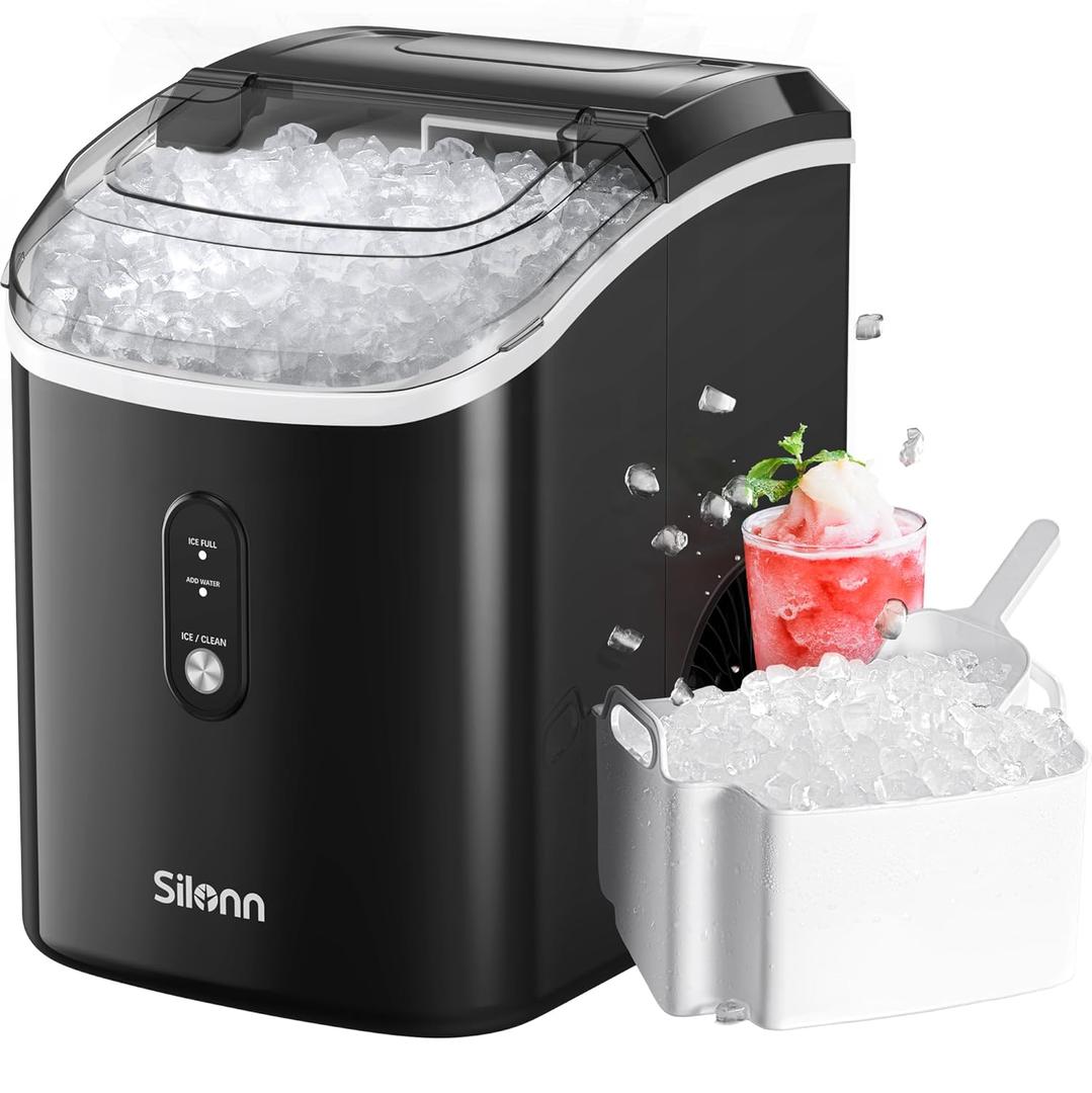 Nugget Ice Maker Countertop, Silonn Chewable Pellet Ice Machine with Self-Cleanin Function, 33lbs/24H Portable Ice Makers for Home Kitchen Officce, Black (Black-transparent)
