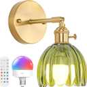 Vintage Battery Operated Wall Sconce with Green Tulip Glass Lampshade Rechargeable Battery Powered Wall Light with Remote Control for Bedside Bedroom Doorway