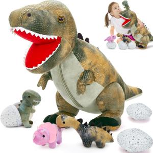 MorisMos Dinosaur Stuffed Animals Set,23.6'' Big Stuffed Dinosaur Mommy + 3 Baby Dino Toys+3 Plush Dino Eggs, Boy Girl T-Rex Toys for Kid Birthday Gift,Realistic T-rex, CPC Certified,Machine Washable