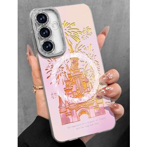 Toycamp for Samsung Galaxy S24 FE Case - Compatible with Magsafe Aesthetic Cute Holographic Galaxy S24 FE Case with Diamond Bling Lens Protector Cover for Women Girls, Fireworks Castle