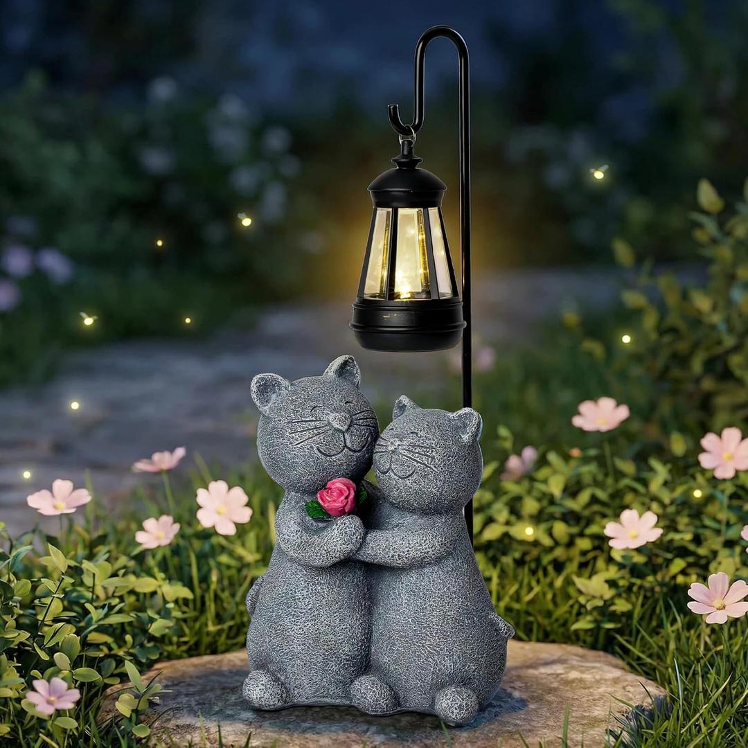 twinbling Outdoor Cat Garden Statues with Solar Lantern, Solar Lantern Cat Figurines Decor for Yard, Lawn, Porch & Patio, Unique Housewarming/Birthday Gifts for Women
