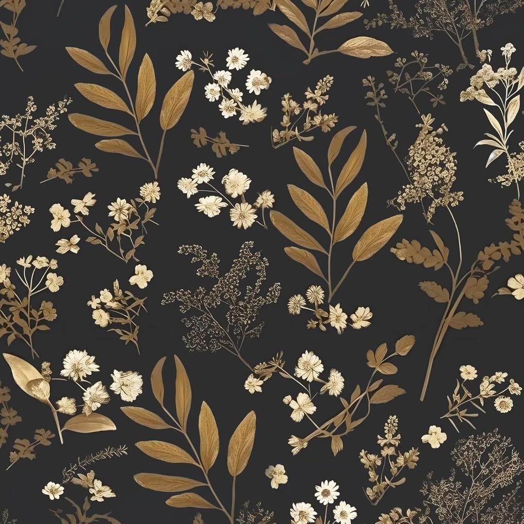 Leaf Wallpaper Peel and Stick Dark Floral Wallpaper 17.5in x 393in Vintage Leaf Contact Paper Vinyl Waterproof Self Adhesive Boho Botanical Wall Paper for Bedroom Cabinet Dcor (393" x 17.5", Black&Golden)