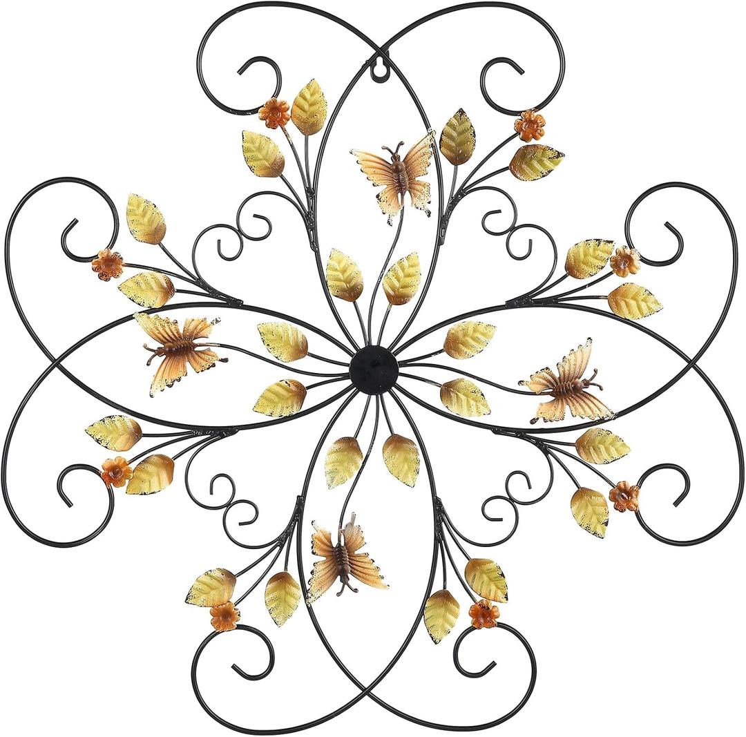 XAONIEN 24" Metal Flower Scroll Wall Art Decor Sculptures with Rust Leaf and Butterfly for Outdoor Indoor Living room Bedroom