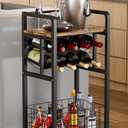 3-Tier Wine Rack Freestanding Floor with Wood Top, Liquor Stand with Wine Bottle Holder, Corner Wine Bar Table for Small Space, Metal Whiskey Shlef for Kitchen, Cellar, Living Room, Black, Full Size