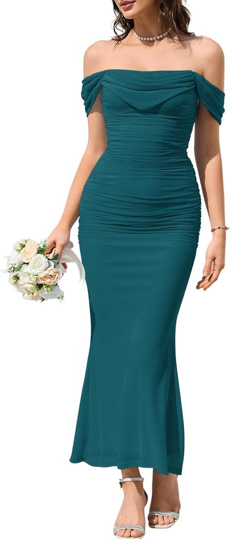 KUTUMAI Off The Shoulder Maxi Long Dress Corset Ruched Bodycon Cocktail Formal Wedding Guest Dresses for Women, Large, Lakeblue