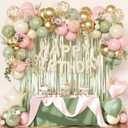 Pink and Sage Green Birthday Decorations, Pink Green Sand White Metallic Gold Foil Confetti Balloons Happy Birthday Banner Gold Butterfly Fringe Curtains Birthday Decorations for Women Girls Teens