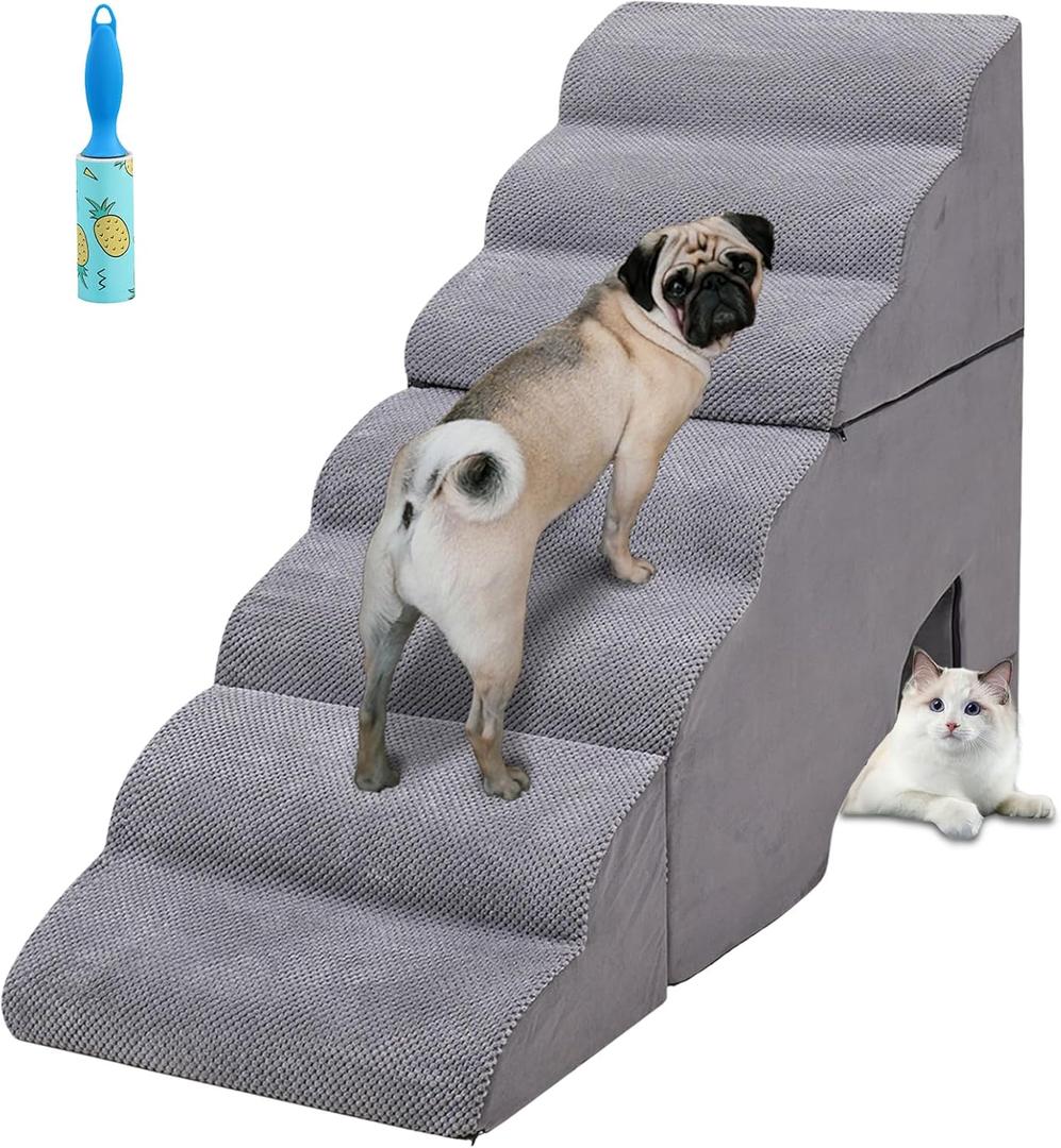 Dog Stair for High Beds 32 inches Tall, 33D Foam Dog Ramp for Bed 32 inches, 7-Step Pet Stair Steps for Small Large Dogs for Bedsides Climbing, Non-Slip Doggie Steps for Older Dogs/Cats, Grey