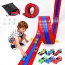 Triple-Lane Flexible Race Track for Kids - 16.4ft Suction Cup Gravity Ramp for 1/64 Cars, 3-Lane Roll Up Racetrack with 6 Vehicles, Compatible with 1/64 Diecast Cars, Gift for Boys Girls 3-12, Red