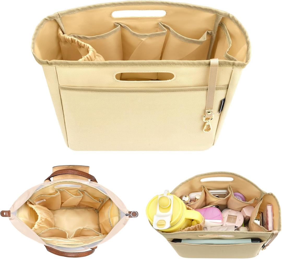 Dadanism Purse Organizer Insert with Cup Holder for Longchamp Le Pliage | Handbag Tote Organizer Insert with Multi-pocket, Zipper Pocket, Handle, Tote Shaper with Cup Holder & Keychain, Beige