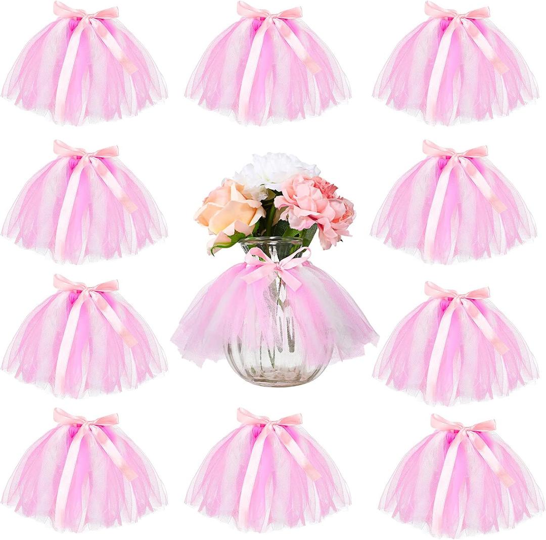 Tatuo 12 Pieces Mini Tutu Table Skirt Wine Bottle Cover Tutu Skirt Tulle Vase Skirt Decor Garland Centerpieces for Wedding Baby Shower Cake Dessert Birthday Party(Pink and White)