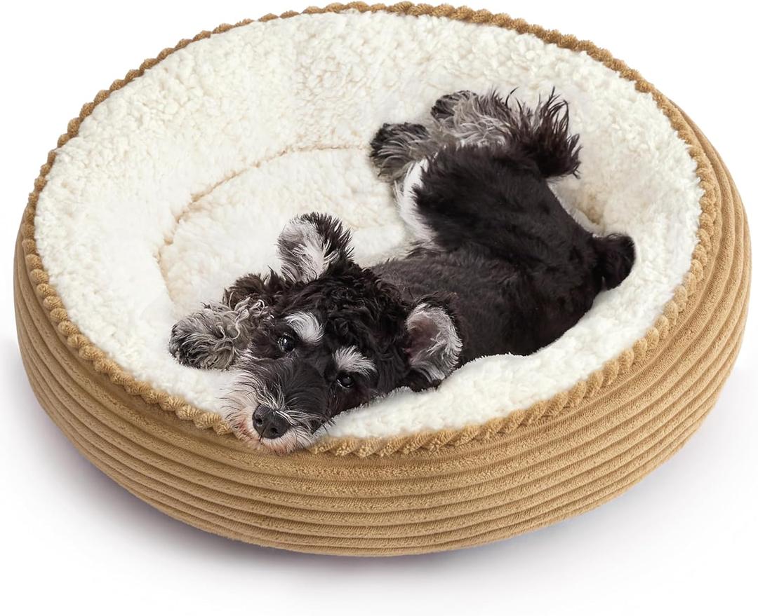 Love's cabin Round Donut Cat and Dog Cushion Bed, 25in Pet Bed for Small or Medium Dogs, Anti-Slip & Water-Resistant Bottom, Soft Durable Fabric Pet Beds, Washable Calming Cat Bed Camel Stripe (25.0"L x 25.0"W x 8.0"Th)