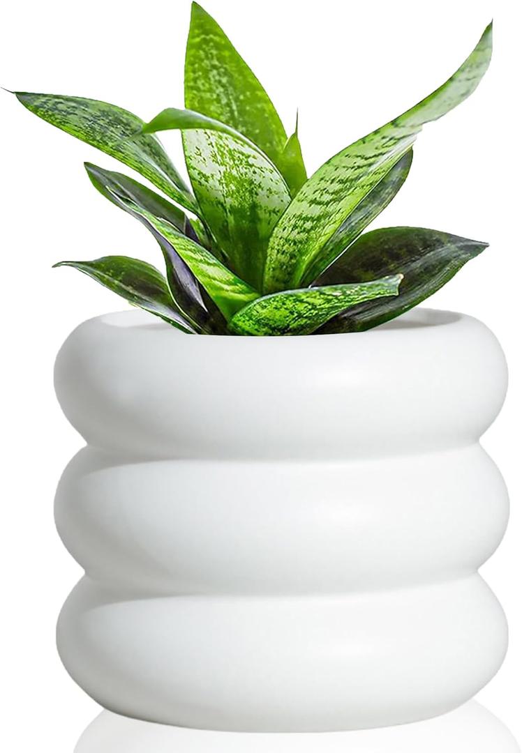 3 Piece Modern Ceramic Planter, 6.5/4.7/3.5 Inch White Plant Pot Set of 3 Unique Planters for Outdoor Indoor Flower Pots Set Plants with Drainage Holes Home & Office Decor with Mesh Pad