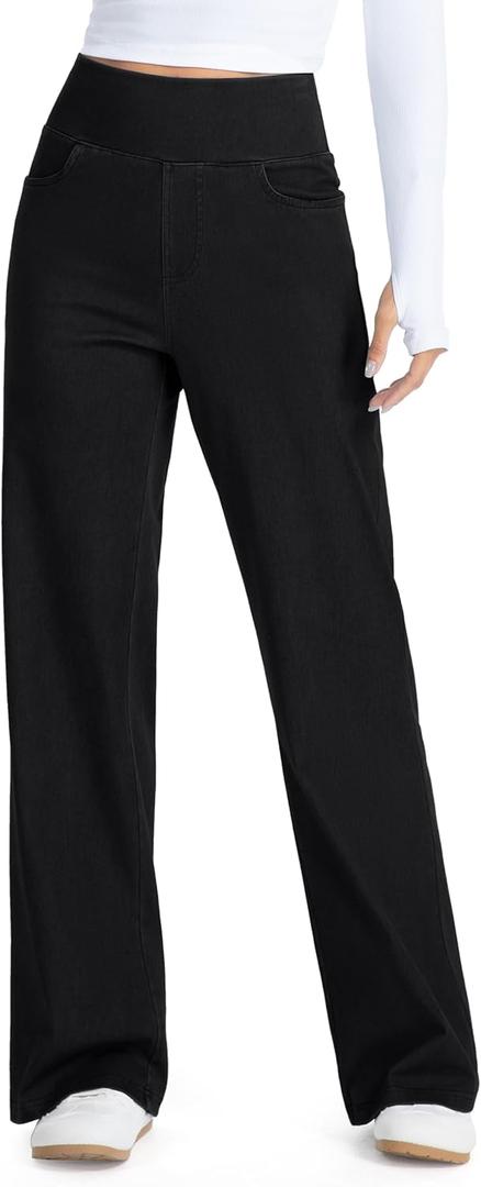 THE GYM PEOPLE Women's Wide Leg Jeans High Waisted Pull on Stretchy Baggy Basic Straight Denim Pants with Pockets, Black, Size L