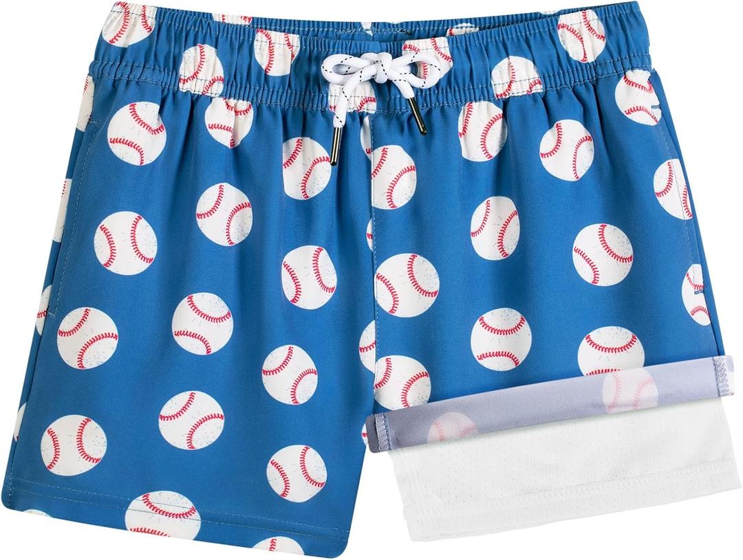 BRISIRA Boys Swim Trunks Bathing Suit Compression Boxer Brief Liner Anti-Chafe Swimsuit Swim Shorts Toddler Kids Youth Teen (10-12 Years, Blue White baseball)