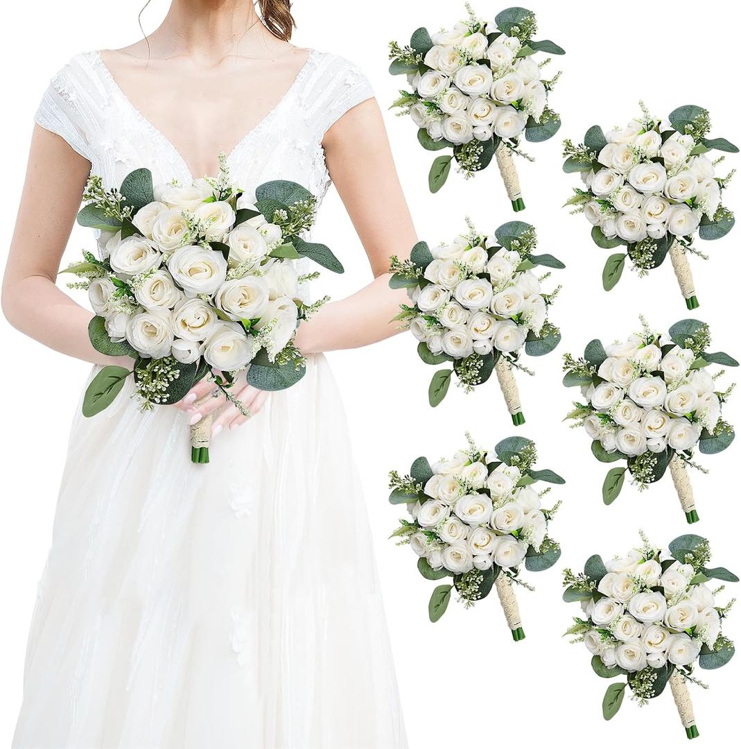 Bridesmaids Bouquets for Wedding - Set of 6 Realistic Artificial Rose Eucalyptus Silk Bride Flowers for Bridal Shower Ceremony Decorations - Ivory White