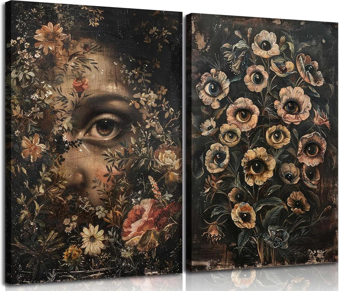 2Pcs Vintage Gothic Eye Wall Art Dark Victorian Floral Canvas Paintings Mystical Eyeball Posters Moody Aesthetic Pictures Black Melancholy College Style Prints for Halloween Wall Decor Framed (12x16 inches)