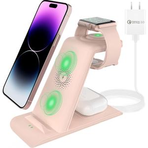 HATALKIN 3 in 1 Wireless Charging Station Compatible for Apple Products Multiple Devices Charger for Apple Watch Ultra 11 10 9 8 7 SE AirPods Pro iPhone 17 16 15 14 13 Pro Max/X/XS Fast Charger Stand (Pink)