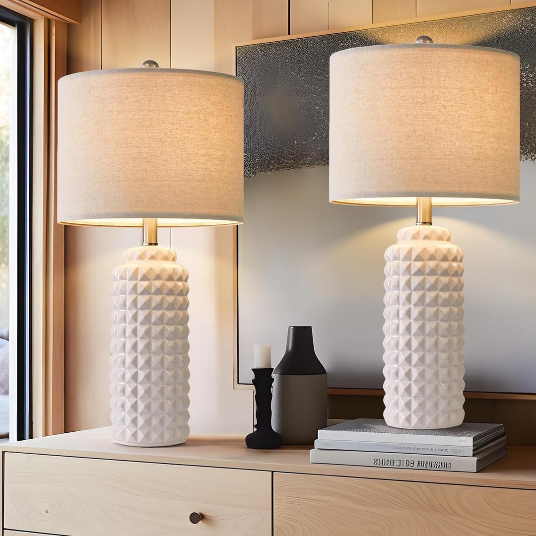 Modern Ceramic Table Lamps - Bedside Lamps Set of 2, White Tall Adjustable Lamps for Bedrooms & Living Room