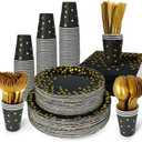 Disposable Plates for Party 50 Sets, Holiday Paper Plates and Napkins w/Cutlery & Cups, Heavy Duty Golden Dot Black Paper Plates and Napkins Cups for Baby Shower Birthday Wedding