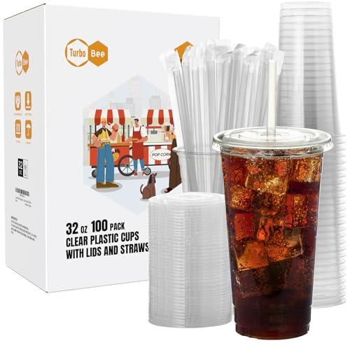 Turbo Bee 100 Sets 32 OZ Clear Plastic Cups with Lids and Straws, Disposable To Go Iced coffee cups with lids for Cold Drinks, Smoothie, and Slushie