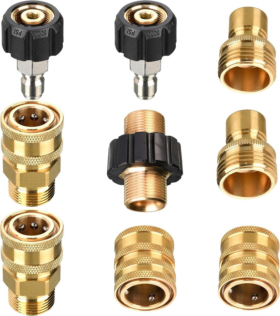 Tool Daily Pressure Washer Adapter Set, M22 to 3/8 Inch Quick Connect, 3/4 Inch to Quick Disconnect, Male M22 Hose Adapter, 9 Pack (Brass)