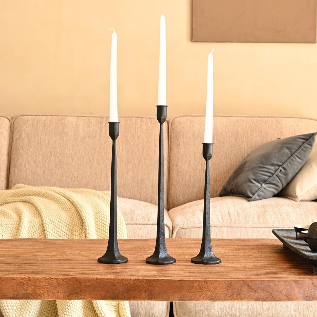 Set of 3 Candle Stick Holders, Iron Black Candlestick Holders, Fits 3/ 4 inch Thick Candles, Tapered Candle Holders Tall Set for Dining Table, Wedding, Home Decoration