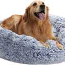Bedfolks Calming Donut Dog Bed - 36 Inch Round Plush Beds for Large Dogs, Anti-Anxiety Machine Washable (Navy Blue, Large)