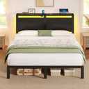 Rolanstar Full Size Bed Frame with Charging Station, LED Full Bed Frame with Wood Storage Headboard, Platform Bed with Metal Slats & Under Bed Storage, No Box Spring Needed, Noise Free, Black Oak