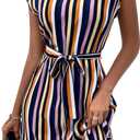 WDIRARA Women's Belted Cap Sleeve Striped Dress Casual Short Dresses (L)