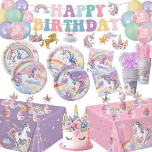 Unicorn Birthday Decorations Includes Plates, Napkins, Cups, Cutlery, Hanging Swirls, Banner, Cake & Cupcake Toppers, Balloons, Tablecloths for Rainbow Girls Birthday Party Decorations, Serve 20