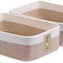 MiniArk Large Shallow Organizing Baskets 15x11x5.1 Inches - Rope Woven Storage Bins for Bathroom, Shelves, Cube Closet, White Mixed Brown 2 Packs