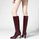 YIYA Cherry Red Boots for Fall Square Toe Chunky High Heels Dark Red Knee High Long Boots Pull On, 40