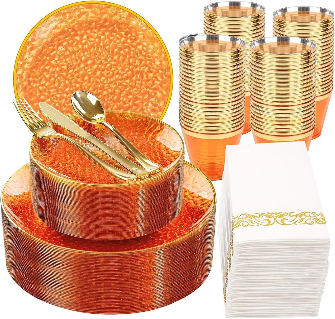Rubtlamp 350 Pcs Plastic Dinnerware Set (50 Guests), Orange And Gold Plastic Plates, Hammered Party Plates Set Include Dinner Plates, Dessert Plates, Cups&Cutlery Set And Napkins for Wedding And Party