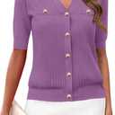 Zeagoo Women's 2025 Summer Short Sleeve Cardigan V Neck Button Down Ribbed Knit Casual Cropped Sweater Tops (Medium, Purple)