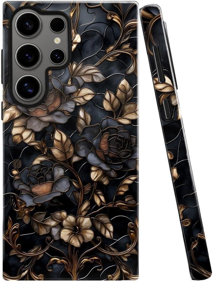 Case for Samsung Galaxy S25 Ultra,Stained Glass Gold Dark Academia Flower Phone Case Military-Grade Drop Protection Cover for Women Girl - Glossy