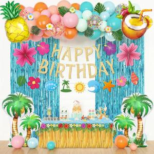 Summer Tropical Party Decorations, Beach Birthday Bash Party Supplies Hawaiian Summer Banner Artificial Palm Leaves Hibiscus Flowers Fringe Curtain Foil Balloons for Aloha Luau Decor(Orange Blue)
