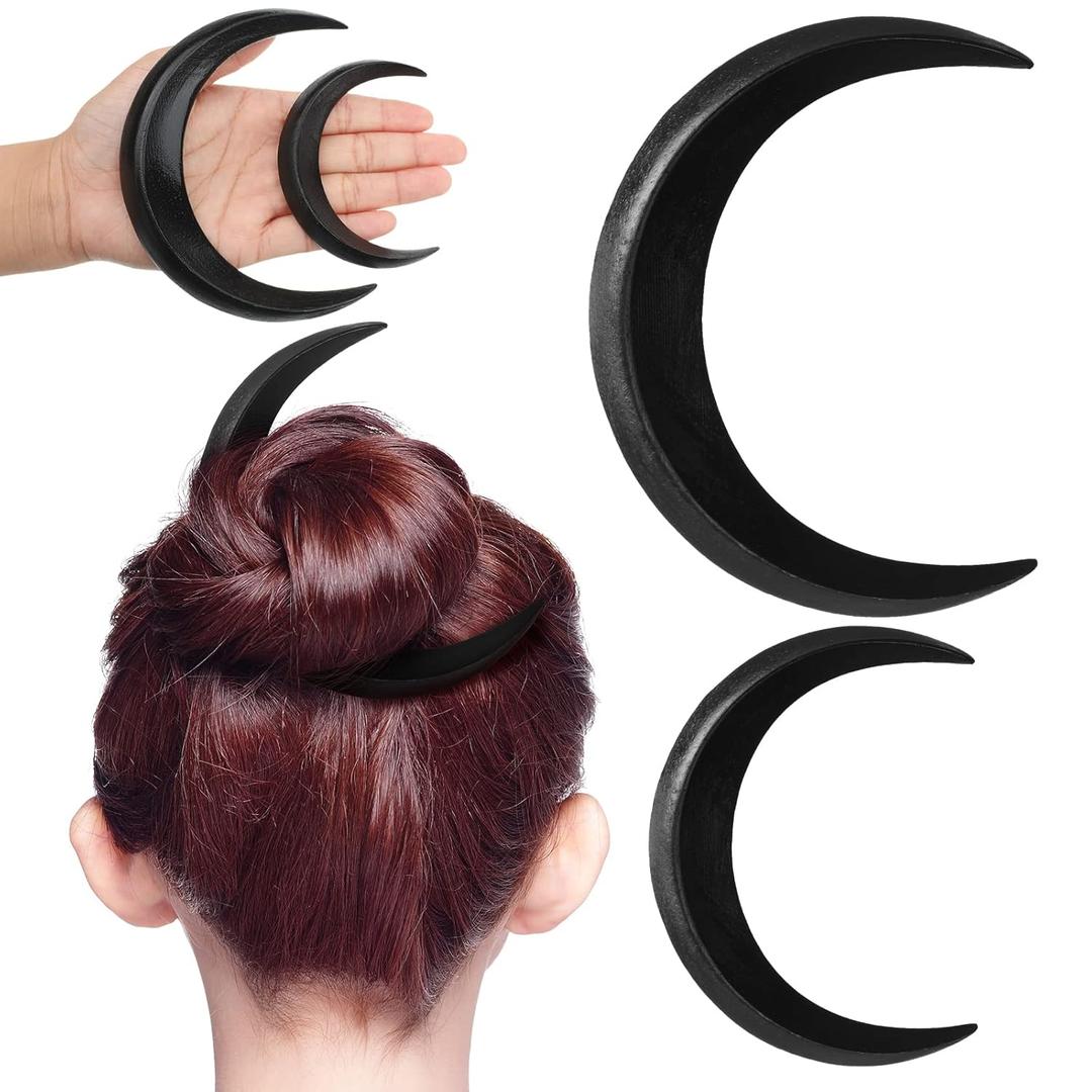 2 Pcs Hand Carved Crescent Moon Hair Fork for Women Moon Hair Stick Wooden Moon Hair Clip Crescent Moon Hairpin Wood Moon Hair Accessories Hair Styling Pins Moon Barrettes, 2 Sizes (Black)