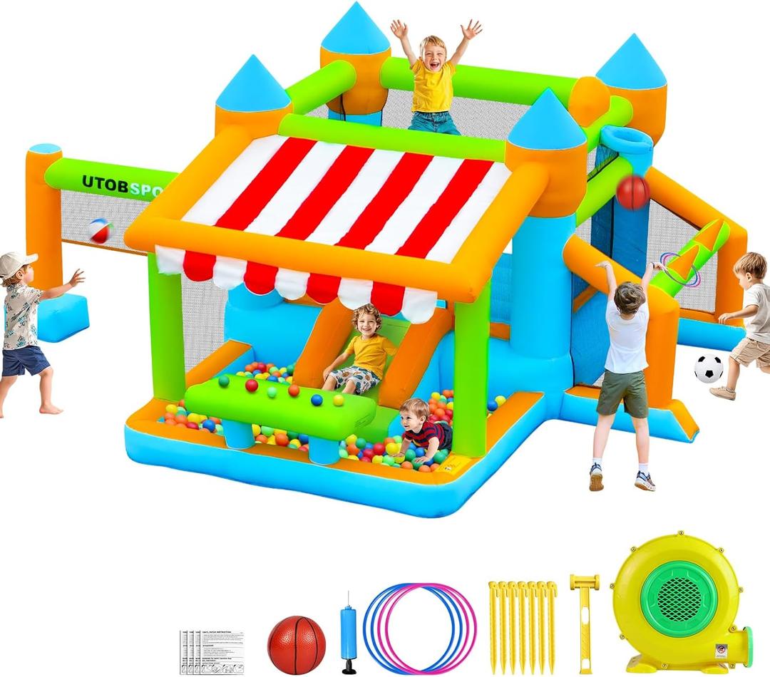 Inflatable Bounce House 176x136x80 inch Large Bounce Castle, with Blower, Ball Pit, Ball net, Ball Goal, for Indoor Outdoor Kid Sports/Playtime/Backyard Playground/Birthday Party