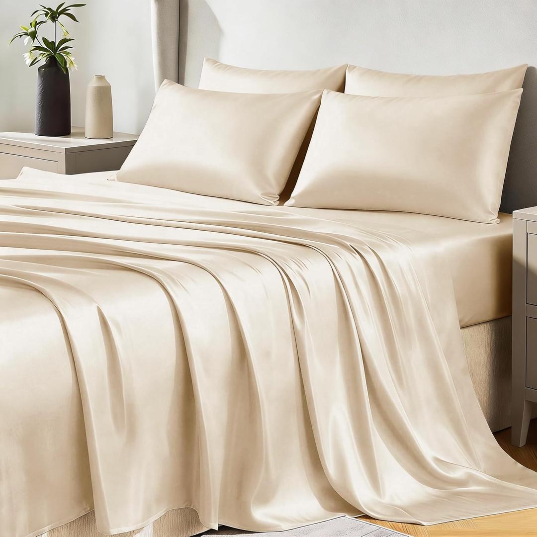 CozyLux Satin Sheets Full Size Sheets - Silky Soft Bedding Similar to Silk, 6 Piece Sheet Set for Hair and Skin, Deep Pocket with All-Around Elastic, Home Decor for Bedroom, Champagne