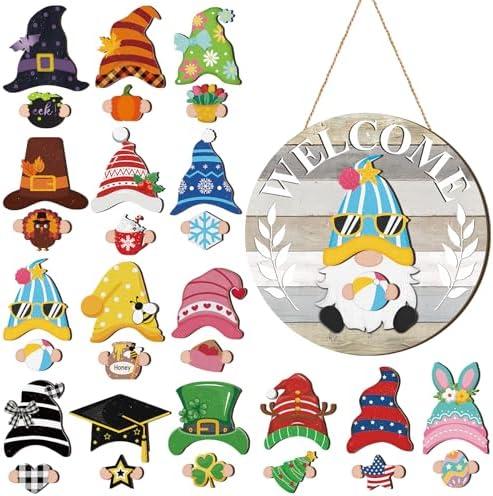 Qunclay Interchangeable Wooden Gnome Decor Holiday Seasonal Gnome Decorations with Magnet Pieces and Detachable Hats Changeable Welcome Sign for Home(Yellow and Grey)