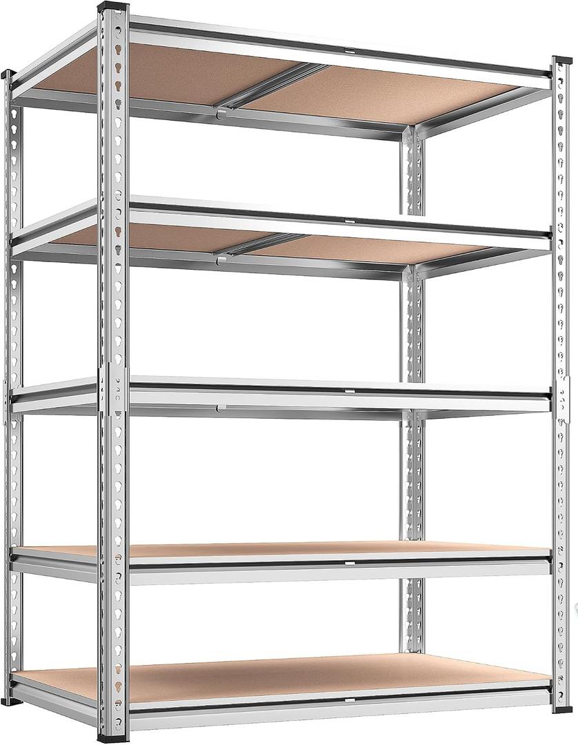 Galvanized Garage Shelving,5-Tier Metal Rack,36" W x 16" D x 72" H
Pantry & Basement Storage for Homeowners,Household Supplies & Paper Goods,Adjustable Levels,2-Unit Split, Easy Setup,2020LBS