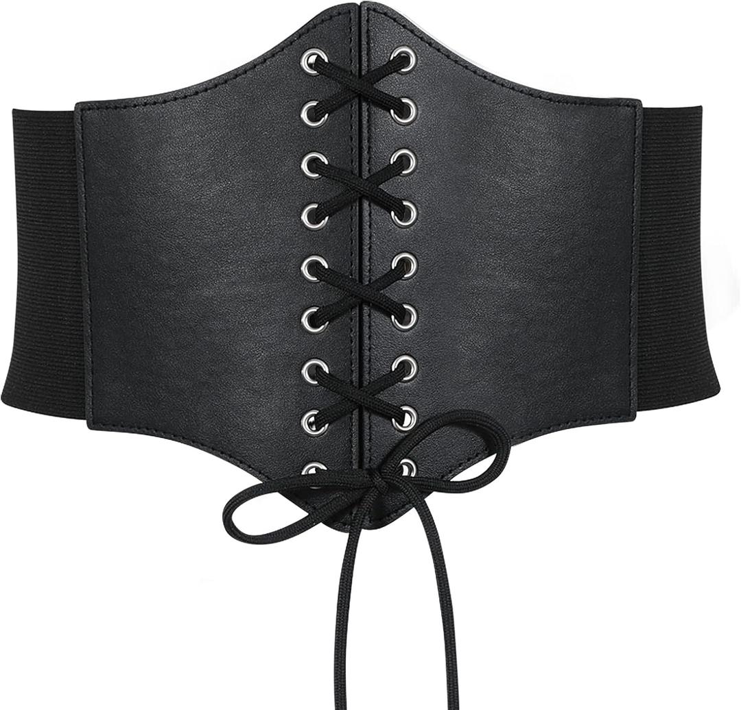 VONMELLI Corset Belt for Women Lace Up Elastic Waist Belts Retro Wide Tied Waspie Belt for Halloween Costume (Fit Waist 30"-32")