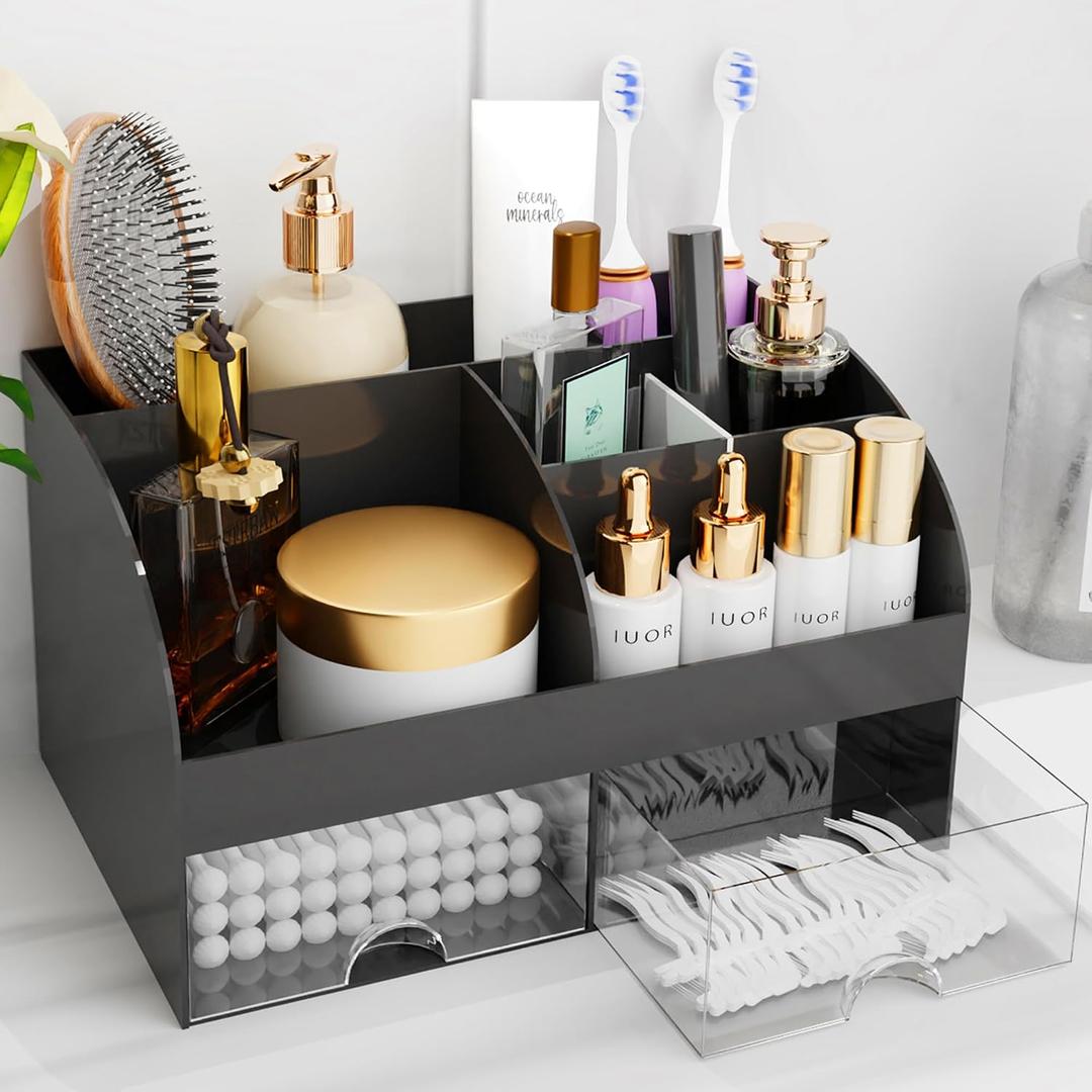 Makeup Organizer with Drawers, Cosmetic Storage for Dresser Vanity and Bathroom Countertop, Beauty Holder for Lipstick Brush, Skincare Organizer for Vanity, Cosmetic Display Case (Black)