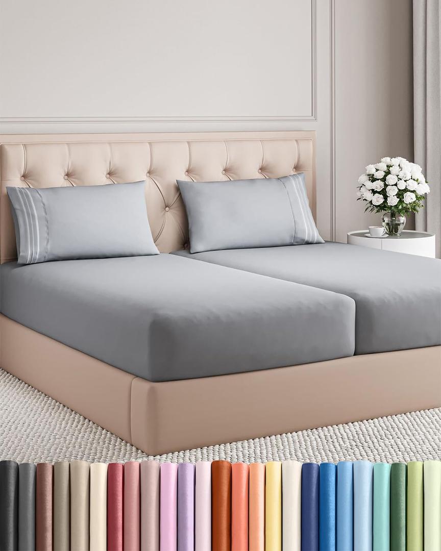 Split King Size 5 Piece Sheet Set - Comfy Breathable & Cooling Sheets - Hotel Luxury Bed Sheets for Women & Men - Deep Pockets, Easy-Fit, Soft & Wrinkle Free Sheets - Steel Blue Oeko-Tex Bed Sheet Set