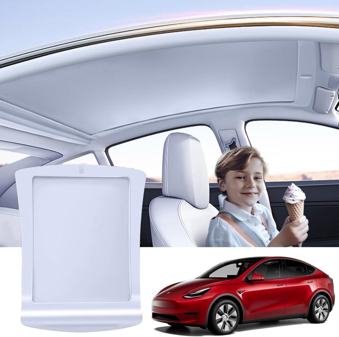Electric Sunshade Roof for Tesla Model Y, Retractable Sunshade Roof Heat Insulation Glass Roof for Tesla Model Y 2019~2024, 5 Layer 99.9% UV Protection, Tesla Interior Gray Hidden Wires