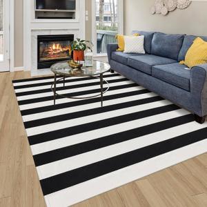 Black and White Striped Rug 4x6 Cotton Woven Farmhouse Indoor Outdoor Area Rug Washable Front Porch Decor Carpet for Living Room Bedroom Dining Room Patio