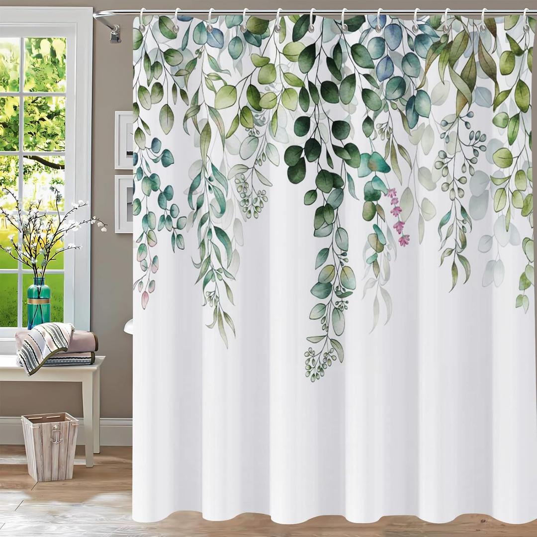 Shower Curtain, Sage Green Shower Curtains for Bathroom Watercolor Plant Shower Curtain Leaves Floral Bathroom Eucalyptus Shower Curtains Waterproof 72x72 Inch with Hooks (Leaf)