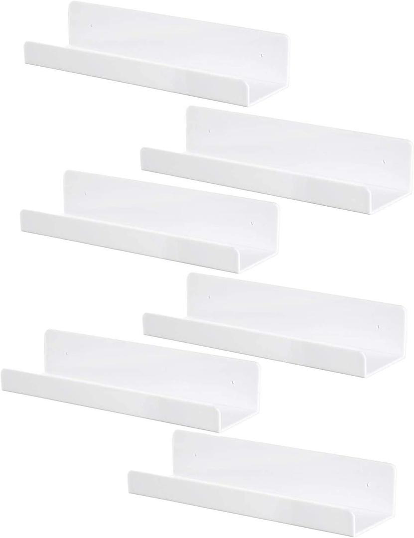 6 PCS Wall Mounted Acrylic Floating Shelf 15 Inch White Ledge Shelf, Nursery Kids Bookshelf 5MM Thick Bathroom Storage Shelves Toy Display Organizer