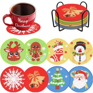 MaitianGuyou 8 PCS Christmas Diamond Painting Coasters,DIY Christmas Diamond Art Coaster Kit with Holder for Beginners Adults Craft Supplies Home Decoration